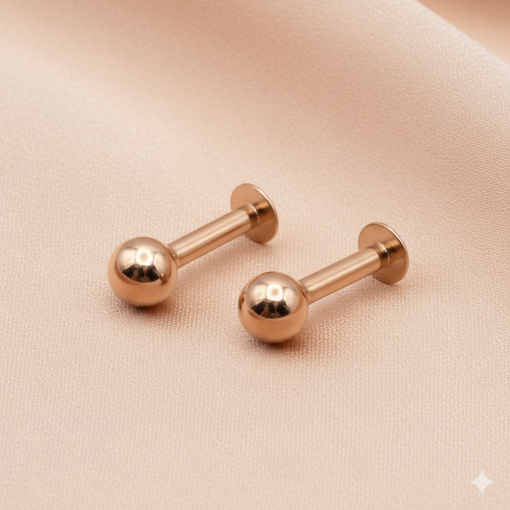 Rose Gold plaated Labret Stud Earrings Flat Back Piercing for women and girls Combo Pack of 2