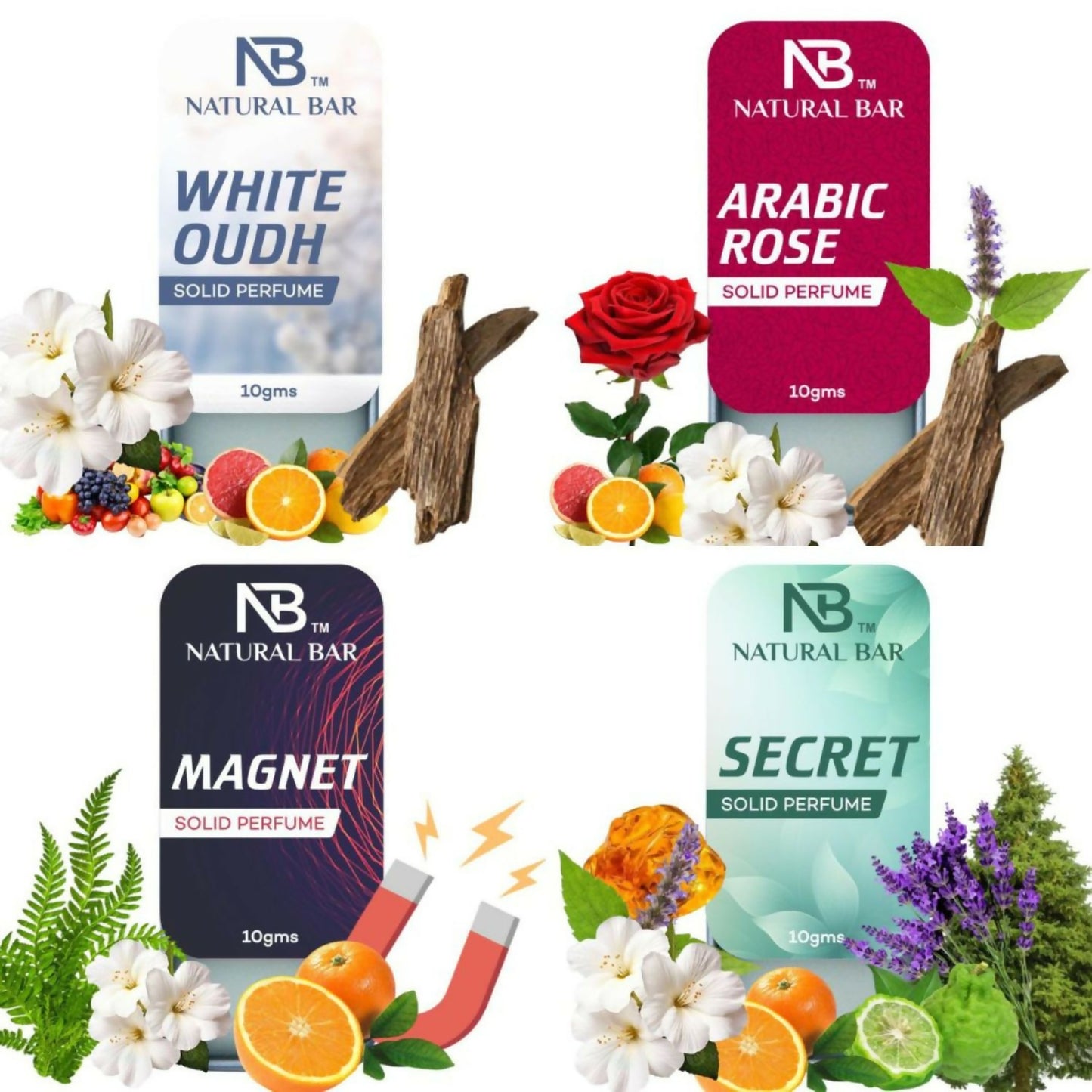 Elegant packaging for 4 pieces of unisex solid perfume with white oud and arabic rose