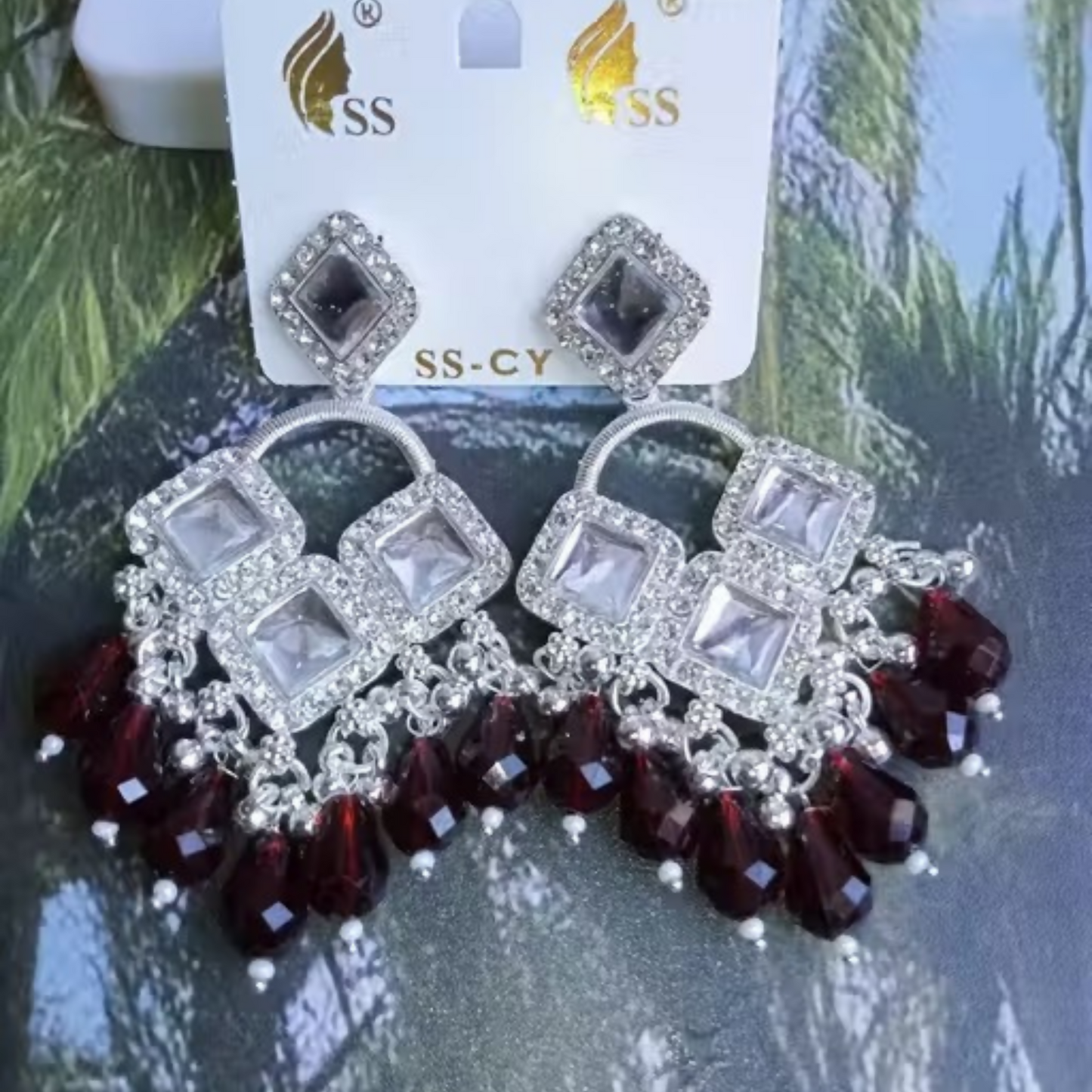 Elegant Silver Plated Chandelier Earrings Featuring Square Crystals and Maroon Teardrop Beads