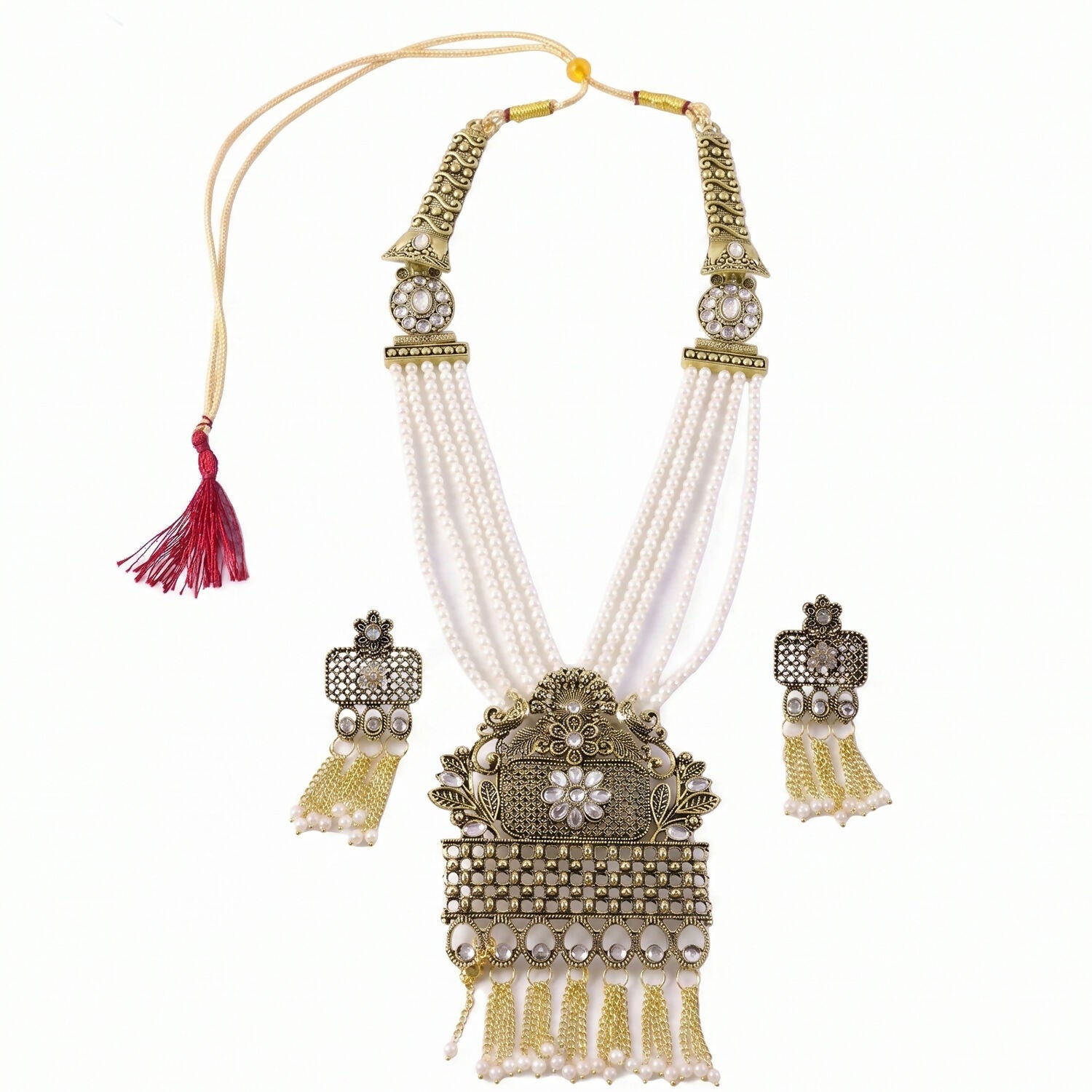 Pearl necklace and earrings displayed elegantly