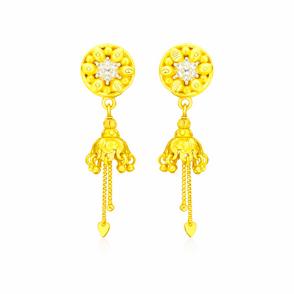 Elegant Floral Round Stud Jhumka Earrings with Chain Drops