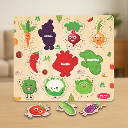 Wooden Vegetable Learning Puzzle Board for Kids – Colorful Puzzle with Cute Veggie Characters