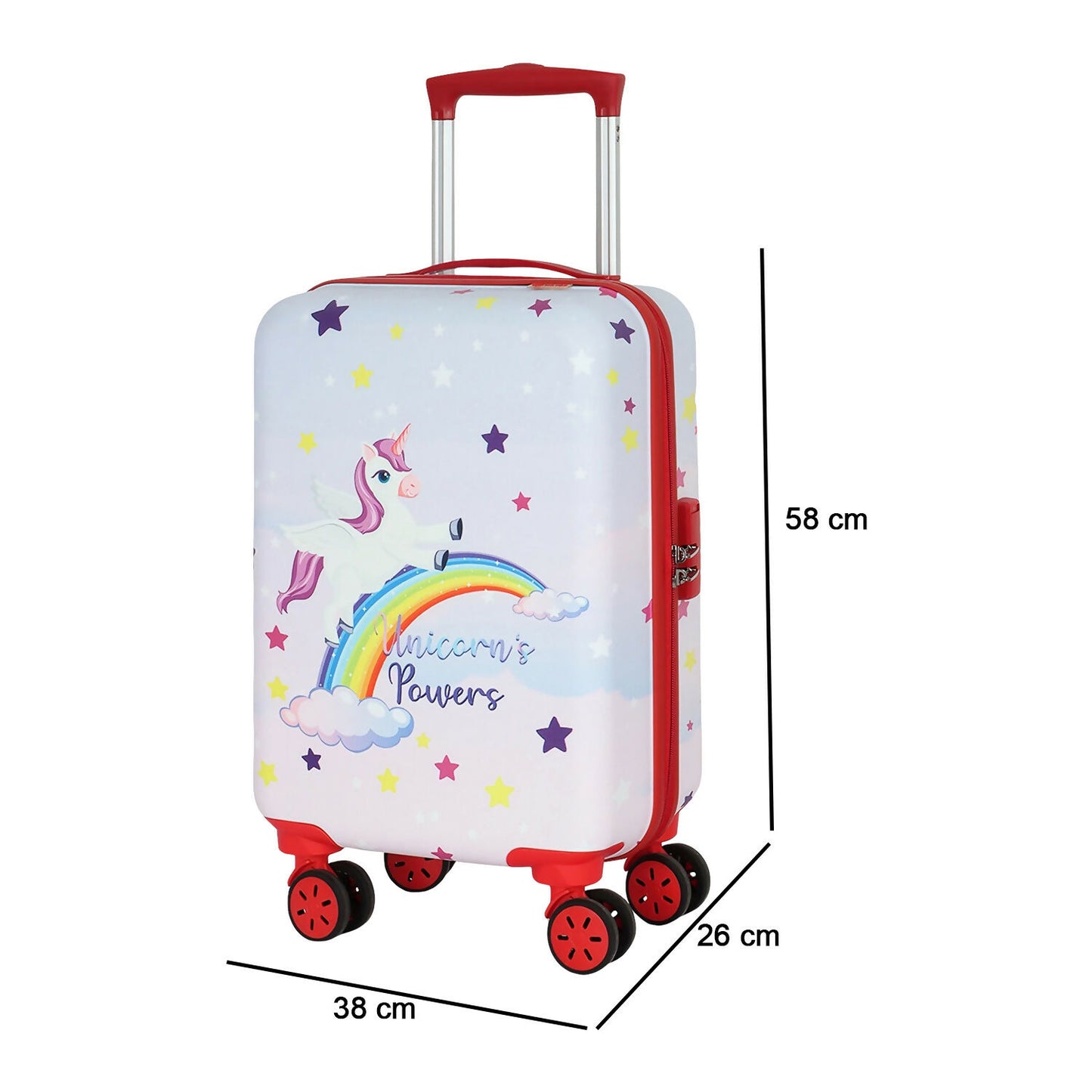Back view of Novex 22-inch unicorn rainbow kids trolley bag with unicorn design