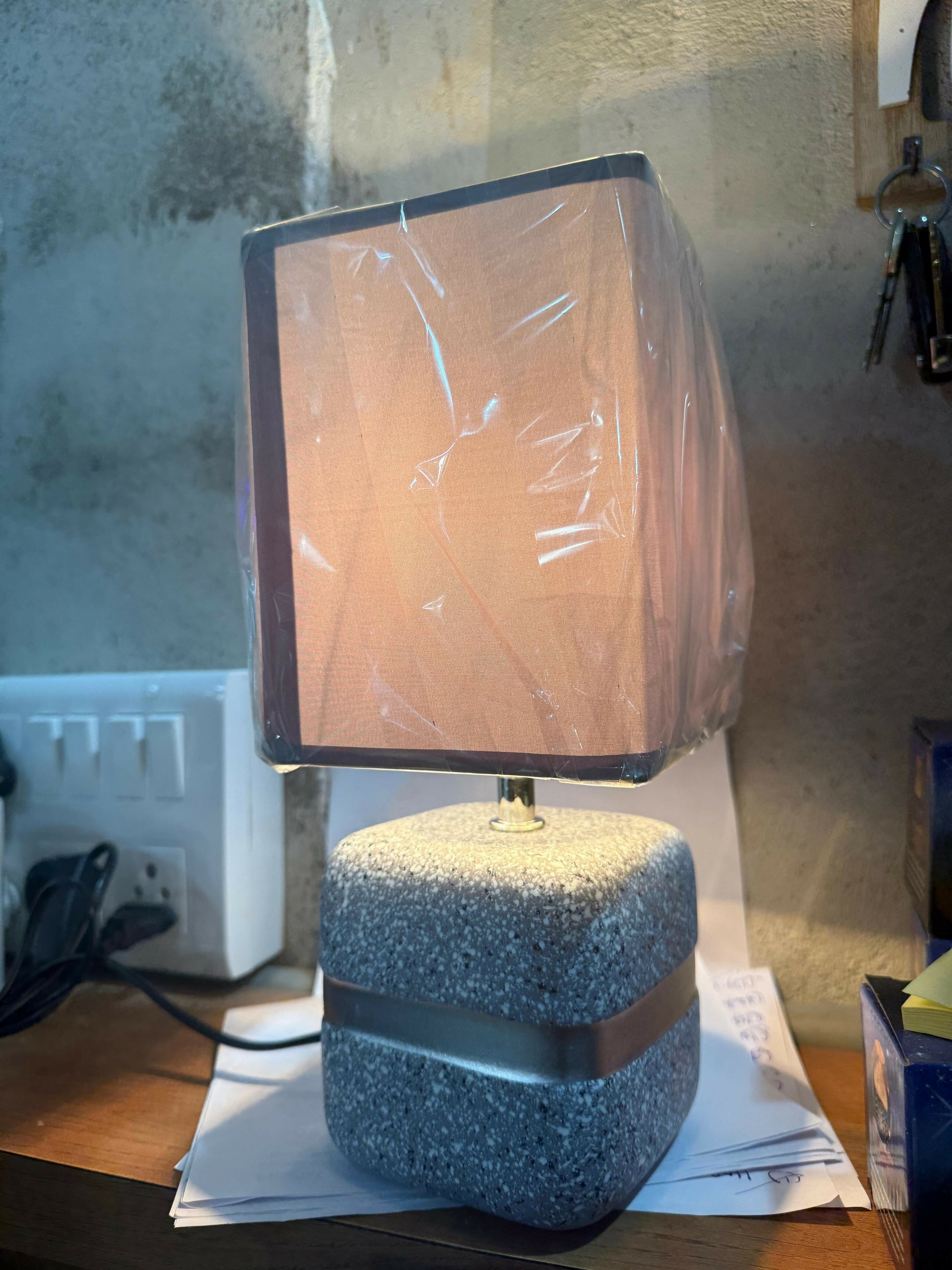 Modern Concrete Textured Table Lamp with Grey Square Fabric Shade & Silver Accent Band | Luxury Minimalist Bedside, Living Room & Study Night Lamp | Soft Ambient Lighting Home Décor Piece