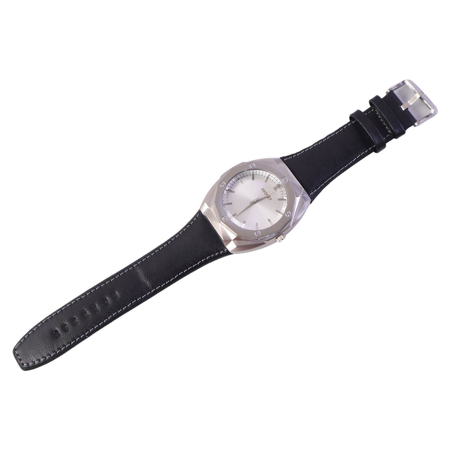 Premium Octagonal Silver Dial Analog Wrist Watch with Leather Strap for Men