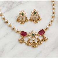 Gold Plated Pearl Necklace Set with Red Stone Pendant and Ghungroo Earrings