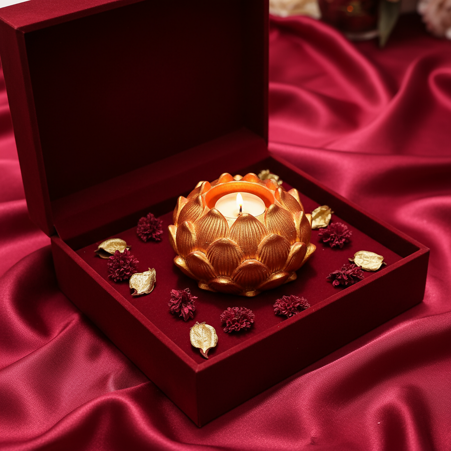 Big Kamal Lotus Decorative Diya Multi-Purpose Tealight Candle Holder, Dhoop Cone Stand, Pooja Diya & Mini Planter (Rose Gold, Metallic Pink)