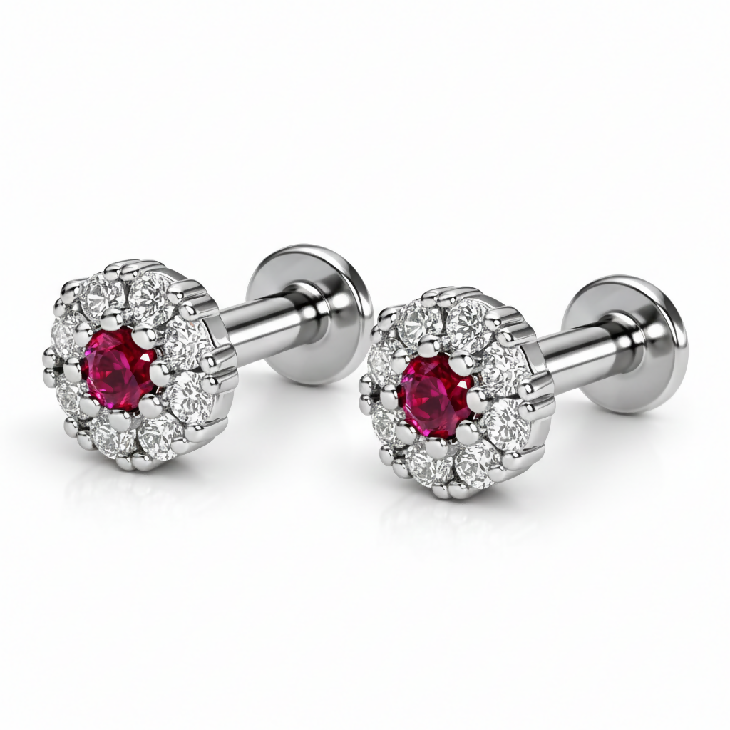 Ruby halo stud earrings with hypoallergenic sterling silver and rhodium finish