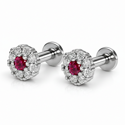 Ruby halo stud earrings with hypoallergenic sterling silver and rhodium finish