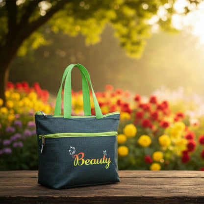 Stylish Denim Shopping Bag with Green Handles – “Beauty” Tote