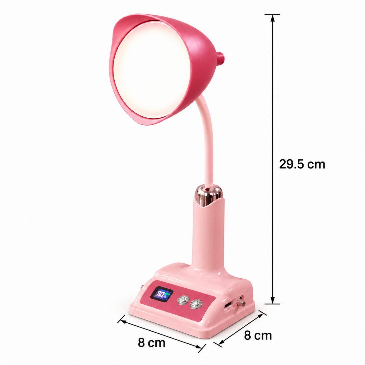 A pink desk lamp with a bright light and digital display is shown with its height and base dimensions measured in