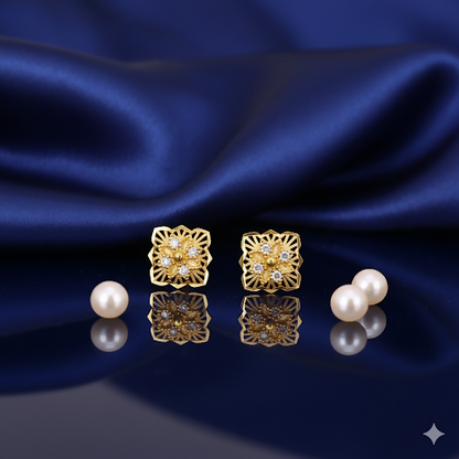 Gold Plated Square Filigree Stud Earrings with AD for women and girls