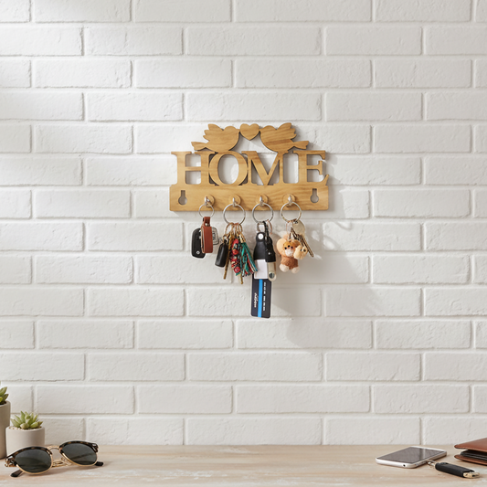 Wooden Key Holder for Wall “HOME” with Birds – Decorative MDF Wall Key Organizer | Home Décor Key Stand
