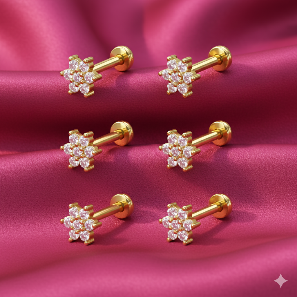 Combo pack of 6 gold plated crystal flower nosepin studs with flat-back design