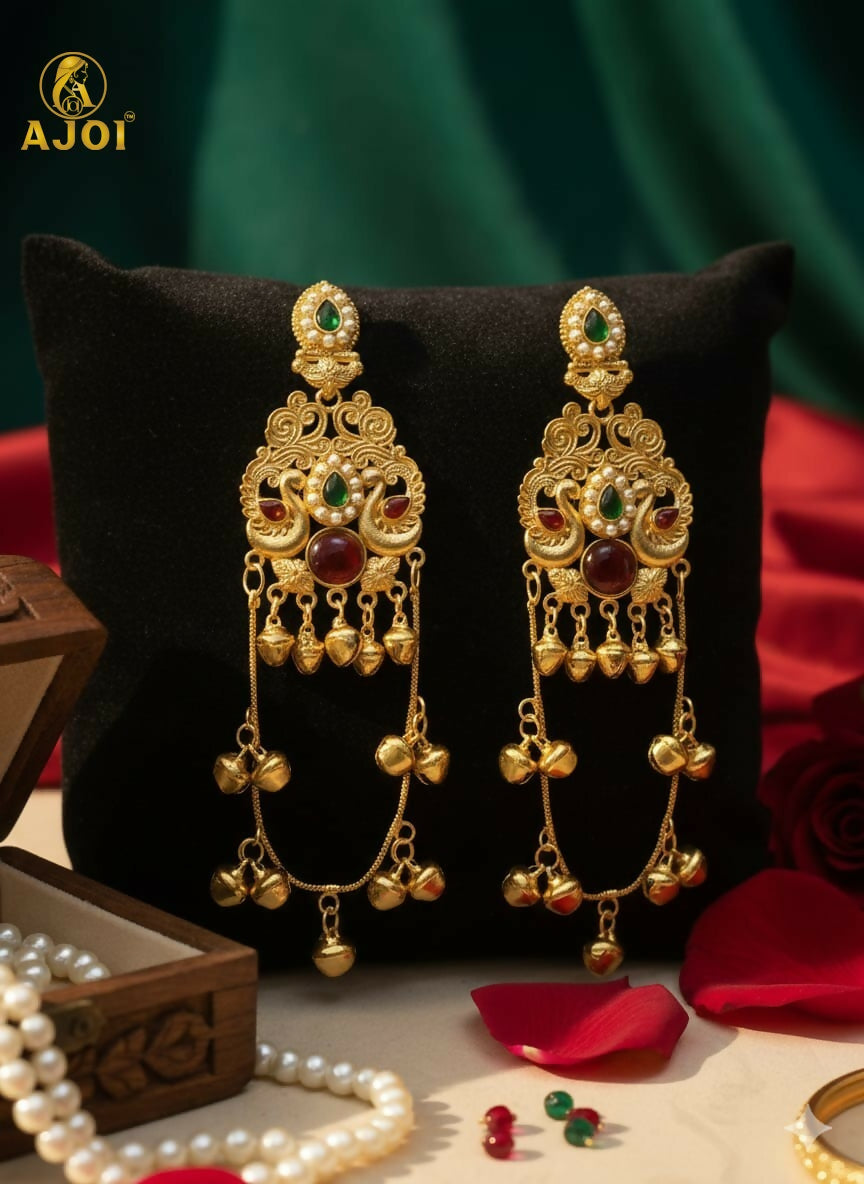 Green & Ruby Stone Kashmiri Traditional Gold-Plated Ghungroo Earrings For Women And Girls.