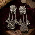 Antique Style Triple Jhumka Earrings with Round Studs, Hanging Chains and Textured Bead Fringes