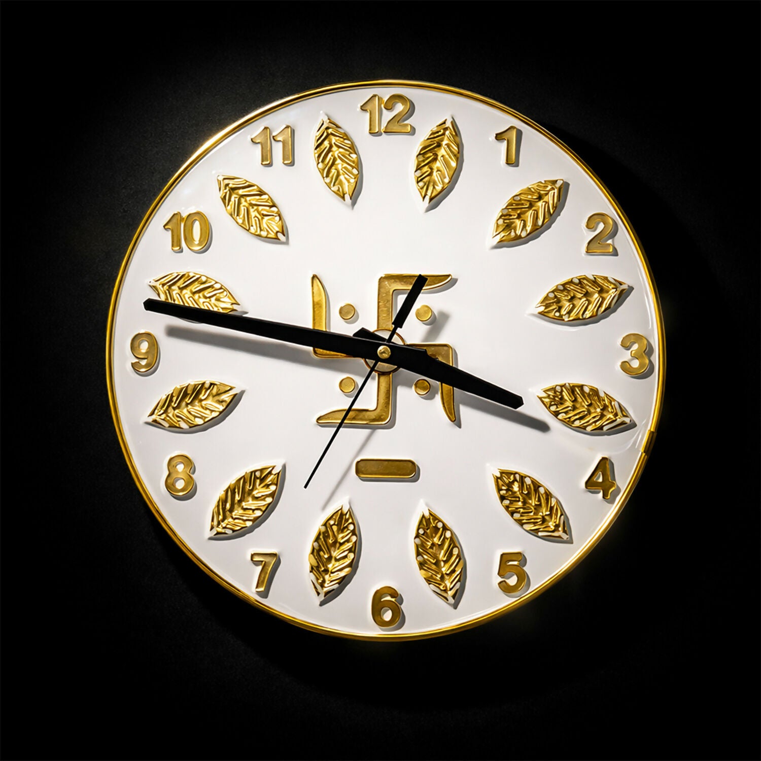 Bold number markings on silver resin Swastik wall clock