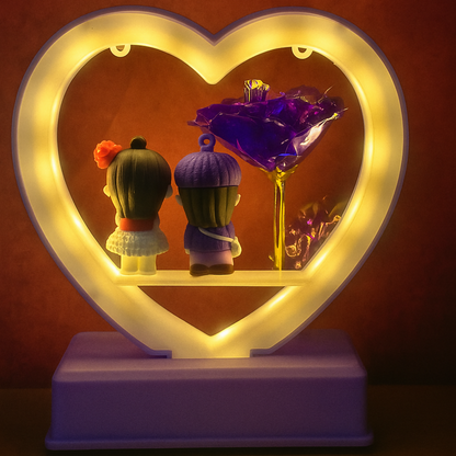 Heart Shape LED Love Lamp with Golden Stem Purple Rose & Cute Romantic Couple Figurines | Decorative Night Light Gift for Anniversary, Valentine, Bedroom & Home Decor
