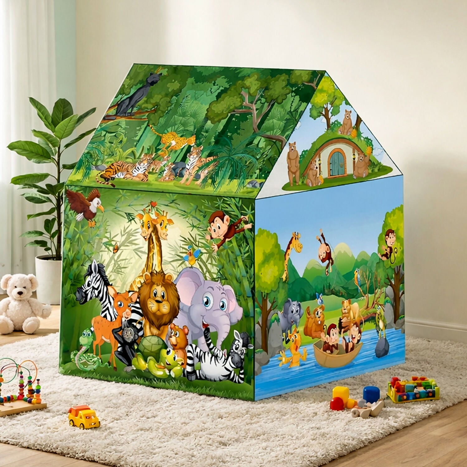 Jungle Safari Foldable Kids Play Tent House with Cartoon Animal Print for Indoor & Outdoor Fun