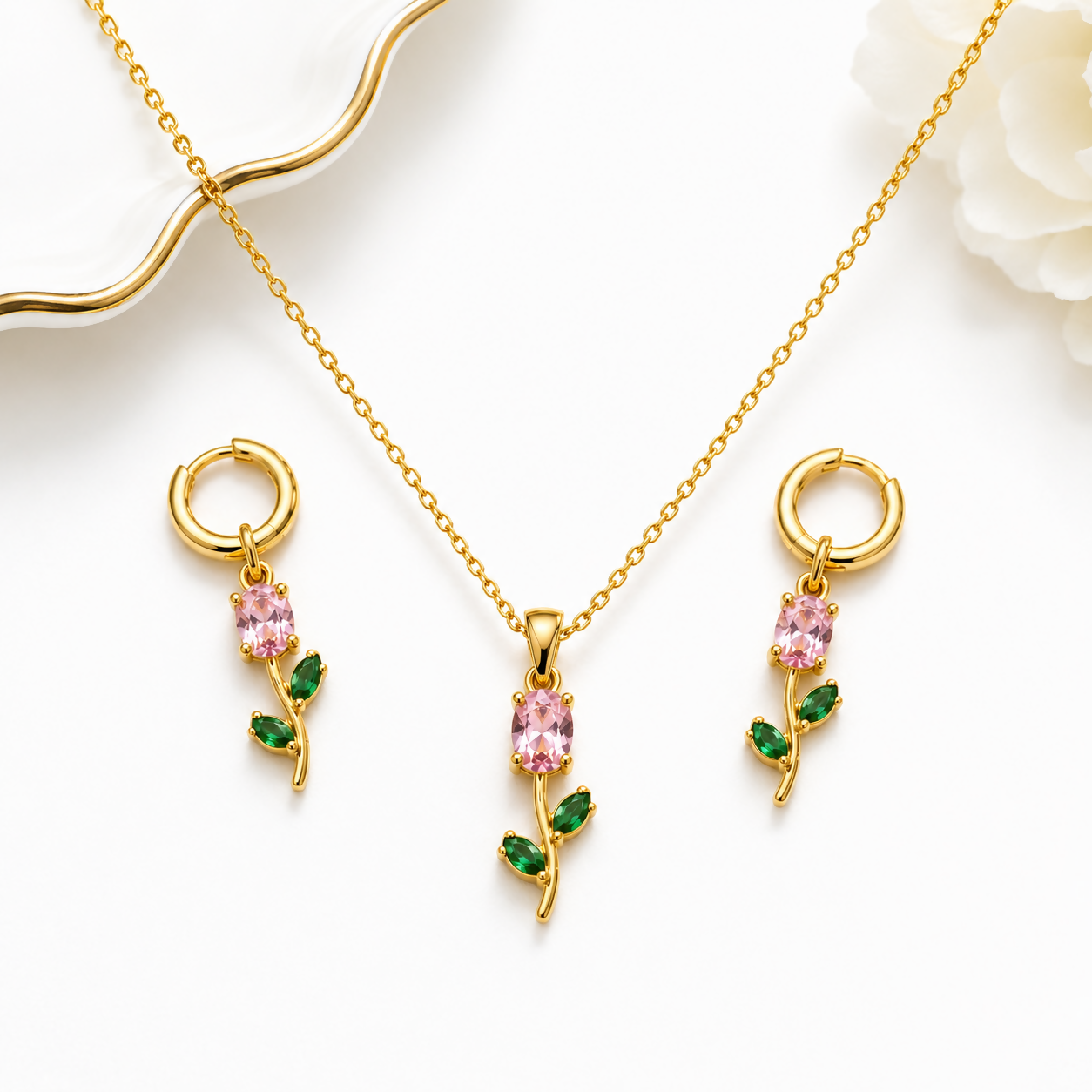 Model wearing the pink crystal necklace set, showcasing its graceful appeal.