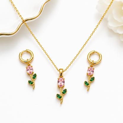Model wearing the pink crystal necklace set, showcasing its graceful appeal.