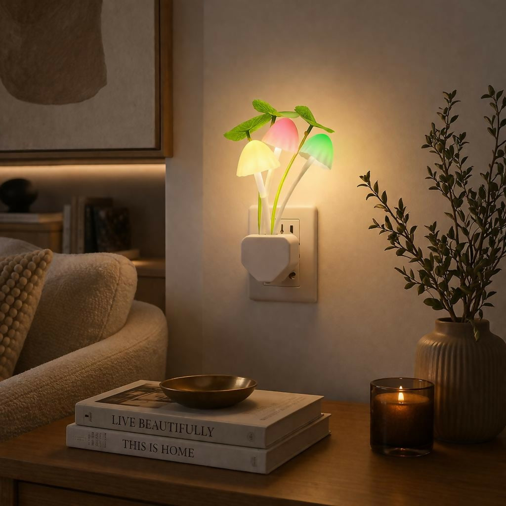Mushroom LED night light plugged into wall outlet