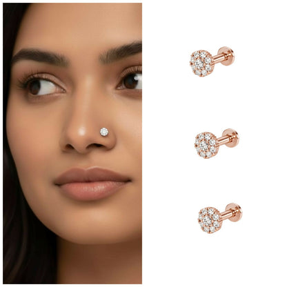 Rose gold cluster nose pin with sparkling diamond-style design in floral pattern