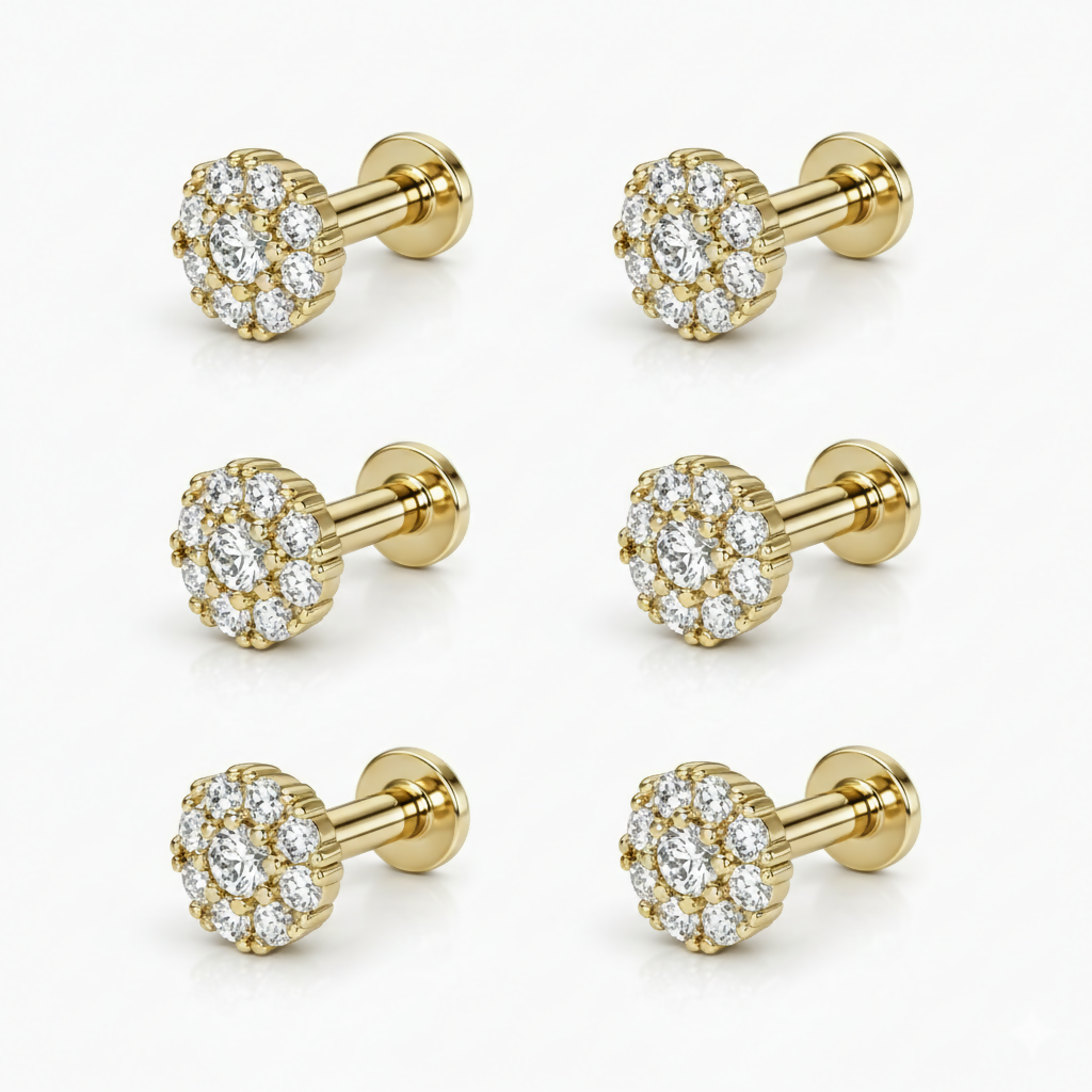 Diamond cluster flat back stud earrings sparkling under light