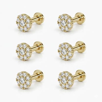 Diamond cluster flat back stud earrings sparkling under light