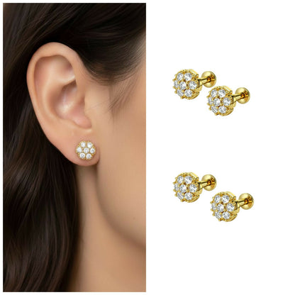 Flat back of gold plated flower cluster stud earring highlighting smooth labret design for comfort