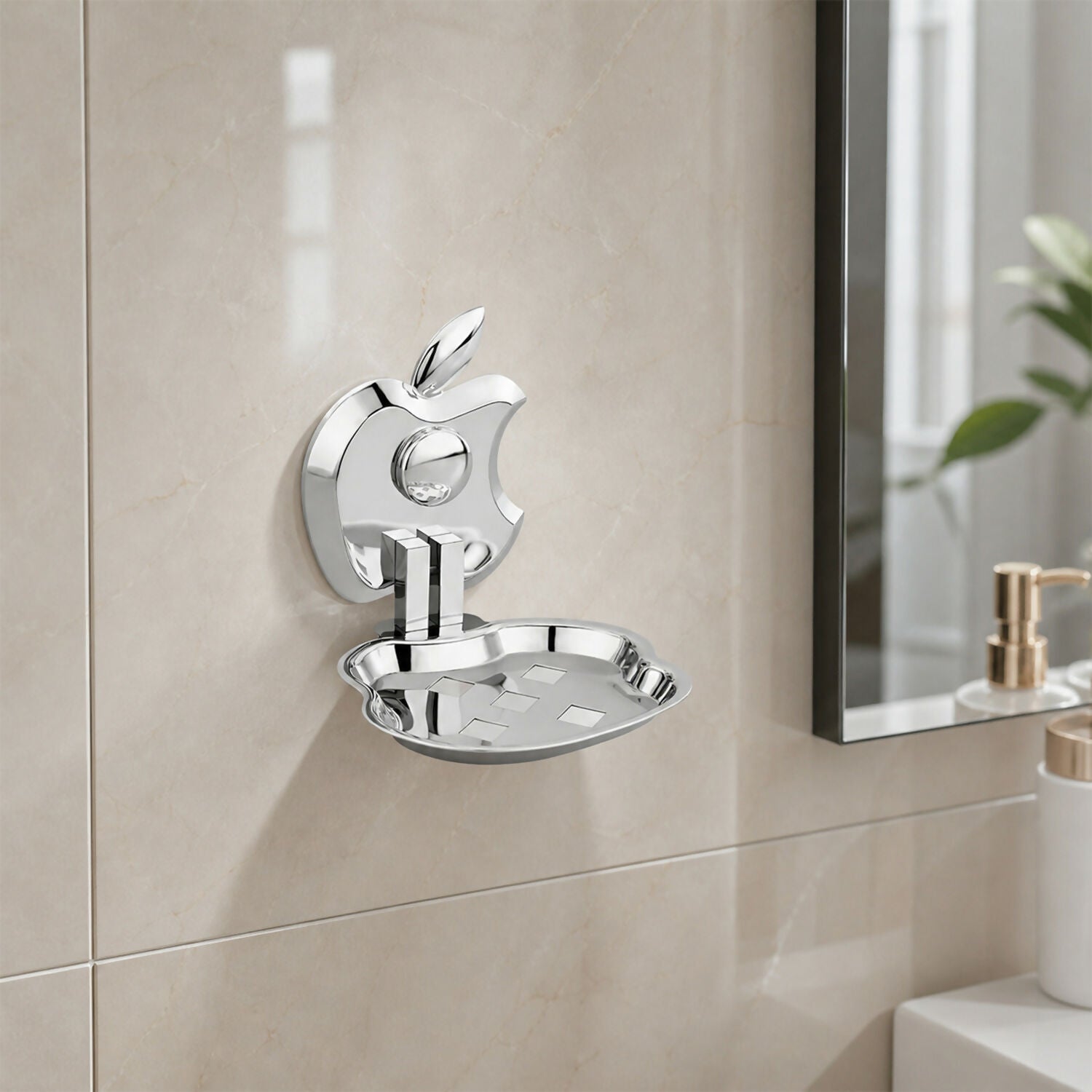 Space-saving wall-mounted soap dish with playful apple shape in bathroom