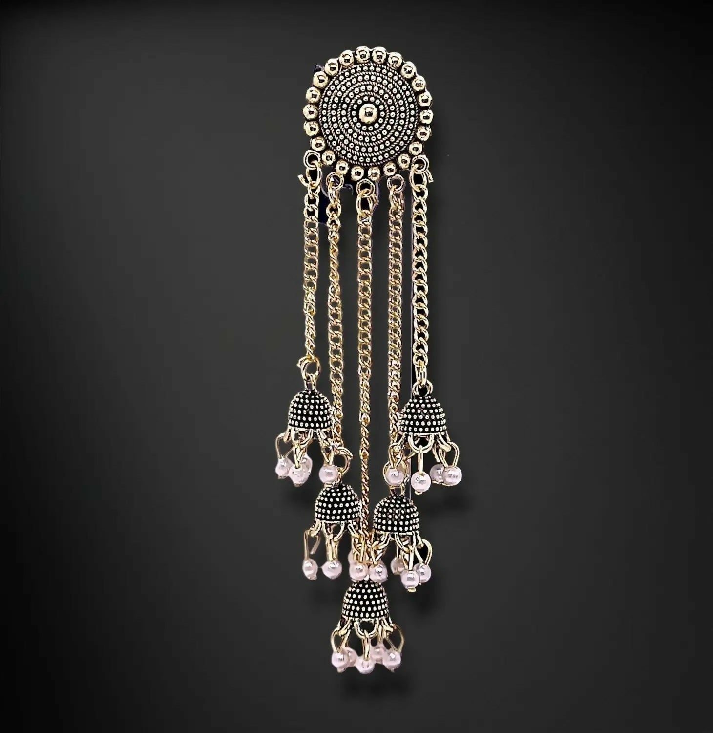 Traditional Gold Tone Jhumka Earrings with Pearl Drops and Elegant Layered Chain Design for Women