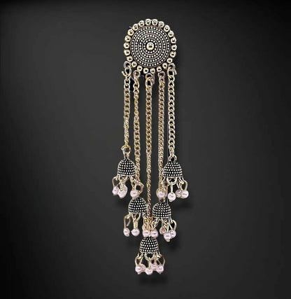 Traditional Gold Tone Jhumka Earrings with Pearl Drops and Elegant Layered Chain Design for Women
