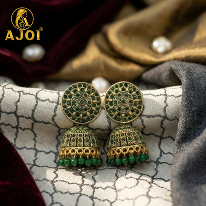 Antique Gold Green Stone Jhumka Earrings Traditional Ethnic Jewelry