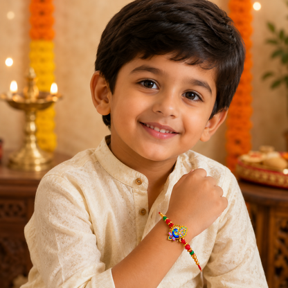 A young boy smiles while wearing a golden-plated peacock enamel design with crystal stones and beaded thread on his wrist.