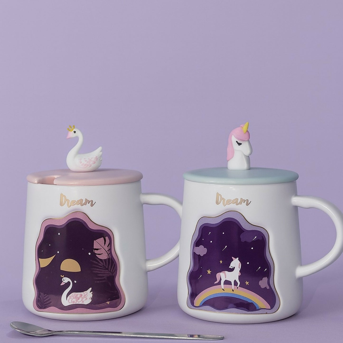 Dream Theme Ceramic Mug with Cute Animal Lid & Spoon for Tea, Coffee & Gifting(Design may vary!)