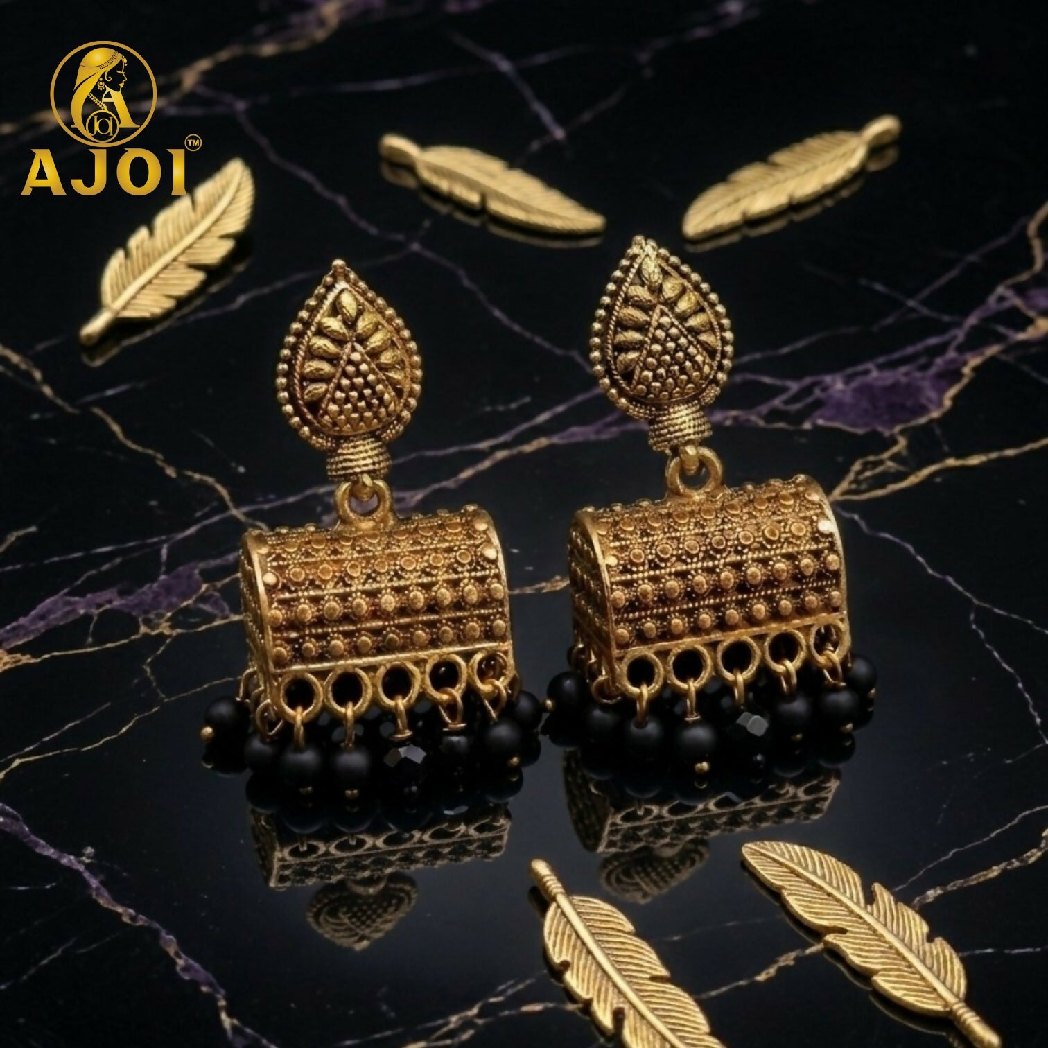 Antique Gold-Plated Leaf Design Jhumka Earrings with Black Bead Drops