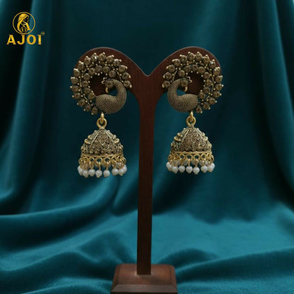 Antique Grey Peacock Design Jhumka Earrings