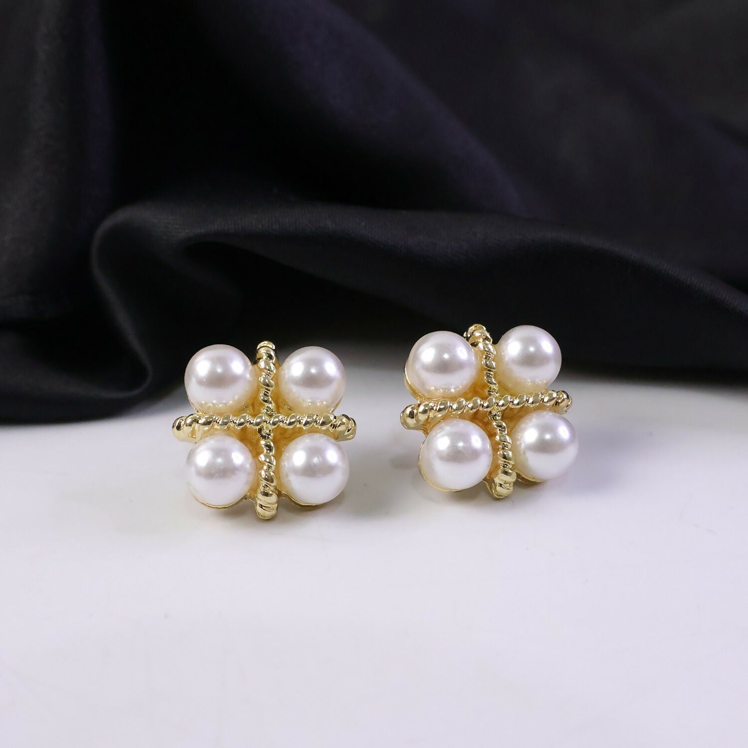 Korean Vintage Twisted Gold & Quad Pearl Studs For Girls And Women