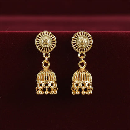 Pair of ethnic gold plated jhumka earrings showcasing craftsmanship
