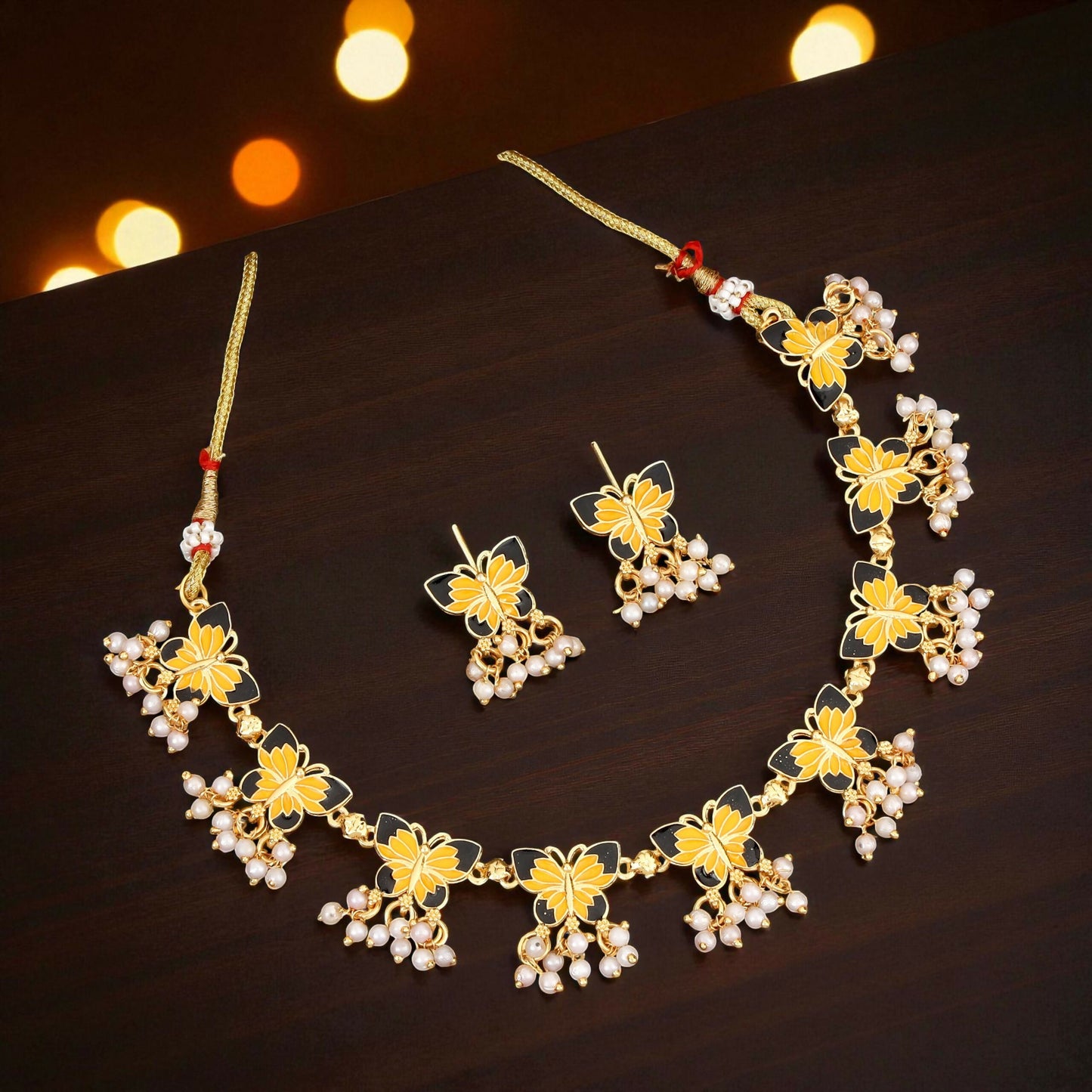 Gold-Plated Black & Yellow Enamel Butterfly Necklace Set with Pearl Drops