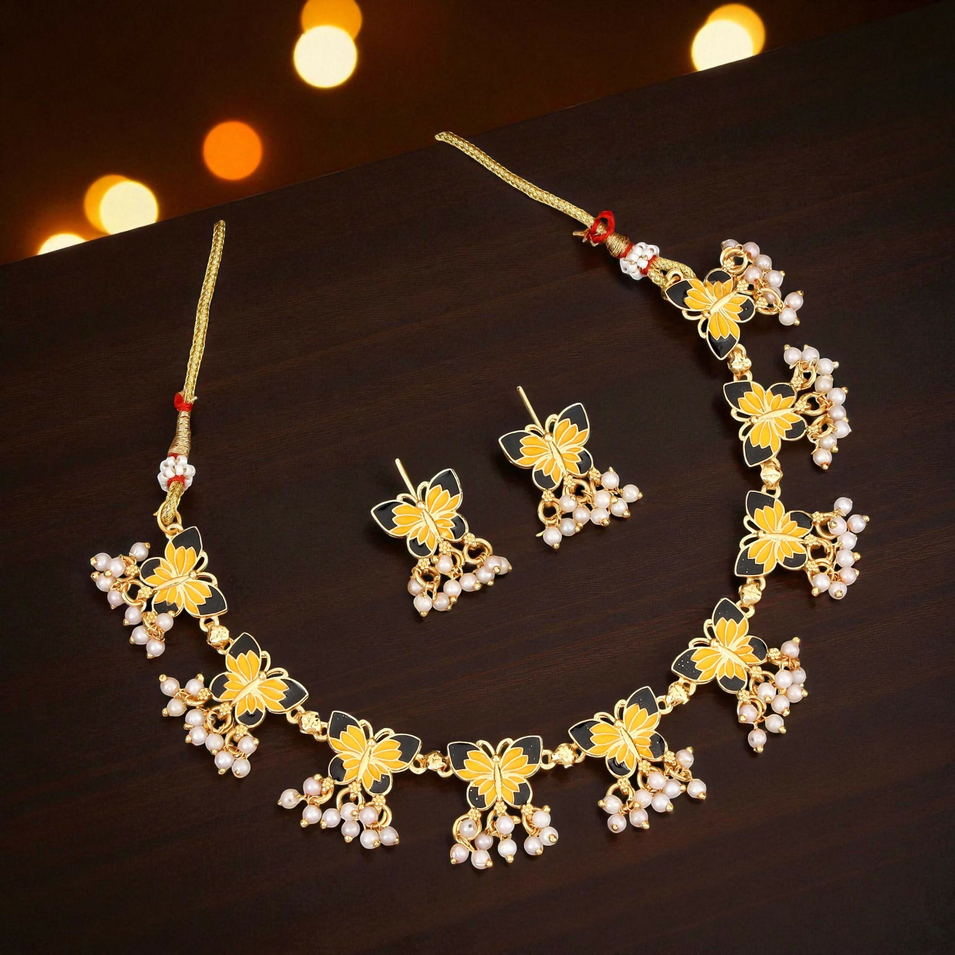 Gold-Plated Black & Yellow Enamel Butterfly Necklace Set with Pearl Drops