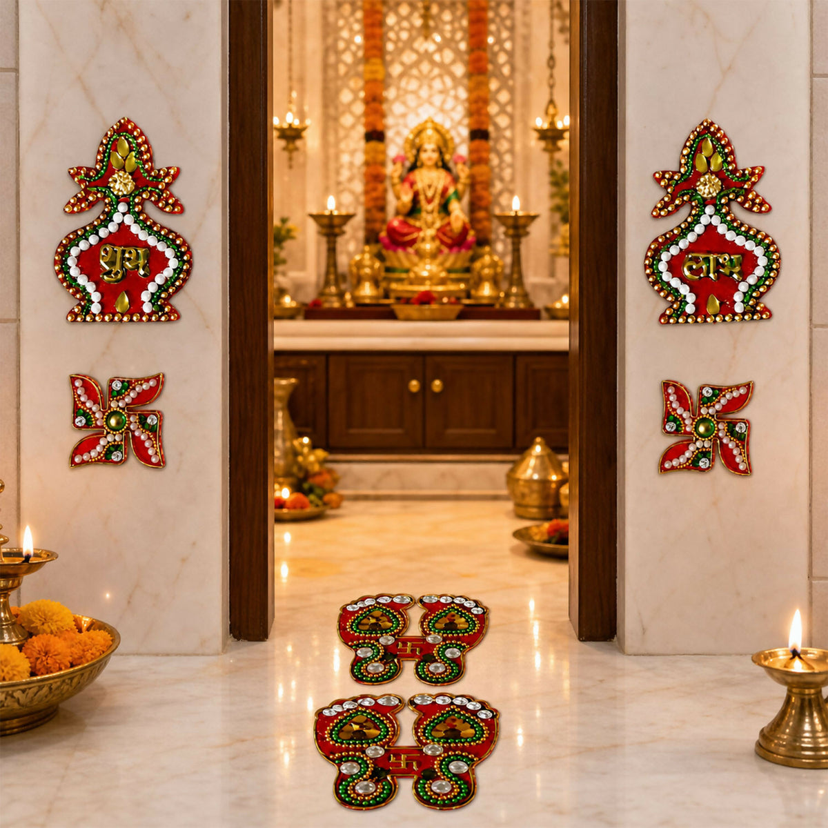A decorated entryway with Shubh Labh, Swastik, and Laxmi Charan stickers leading to a brightly lit puja room with a deity.