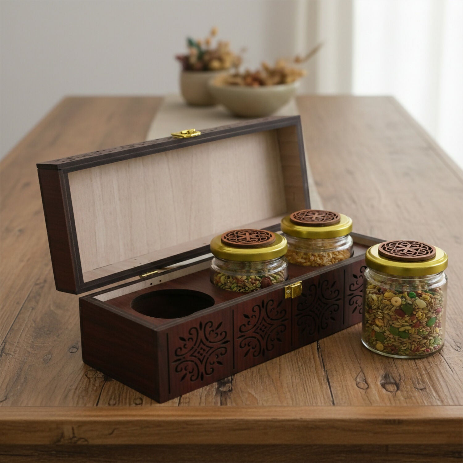 Close-up of carved wooden finish on dry fruit storage gift box