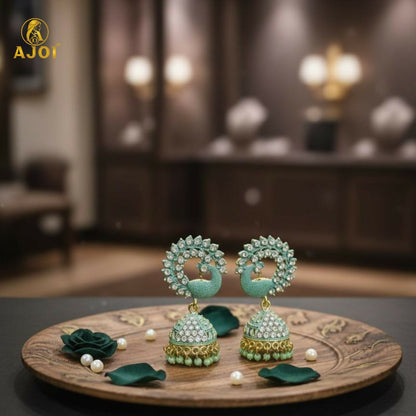 Mint Green Peacock Stone Jhumka Earrings detailed view
