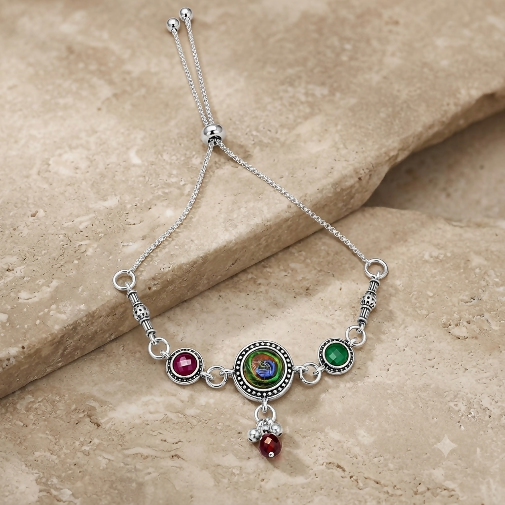The antique silver adjustable bracelet with a peacock eye cabochon and maroon and green side stones rests on a beige stone