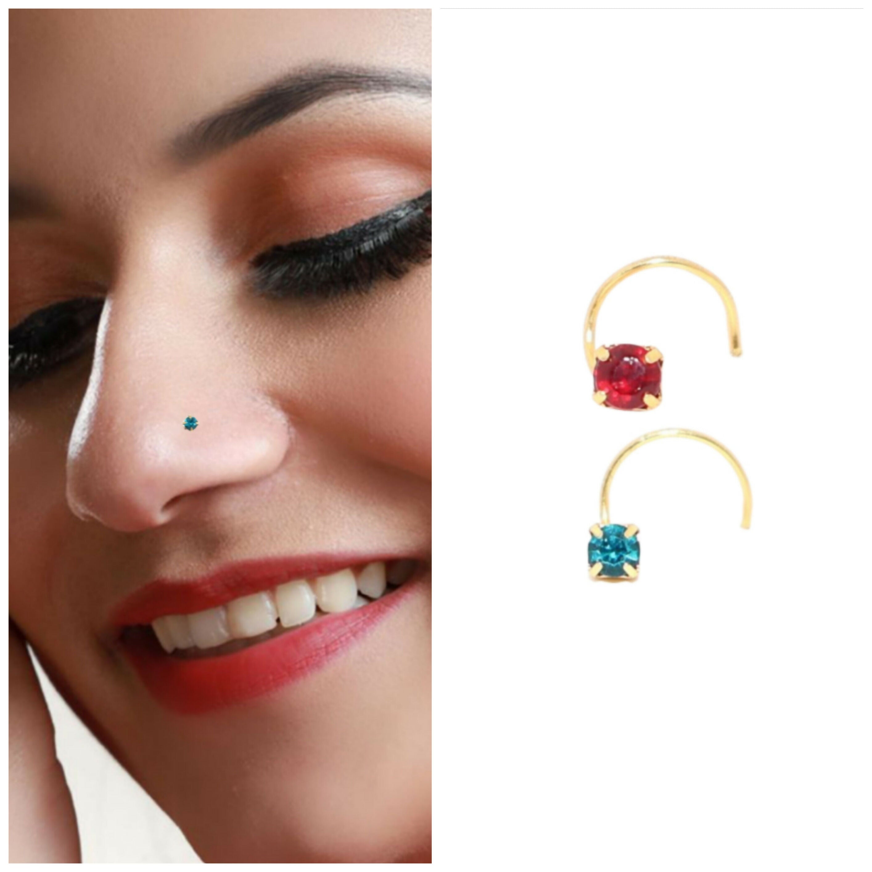 Gold Plated AD Ruby Red & Sky Blue Crystal Nose Pin KATI Set 2