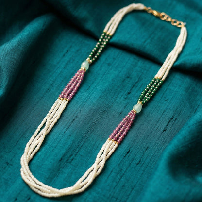 Elegant Multi-Layer Pearl Beaded Necklace with Green, Pink & Pastel Stone Accents