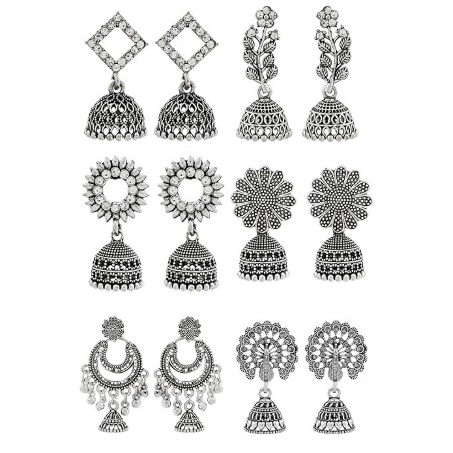 Traditional Oxidised Silver Jhumka Earrings Set Stylish Big Jhumki (6Pair Combo)