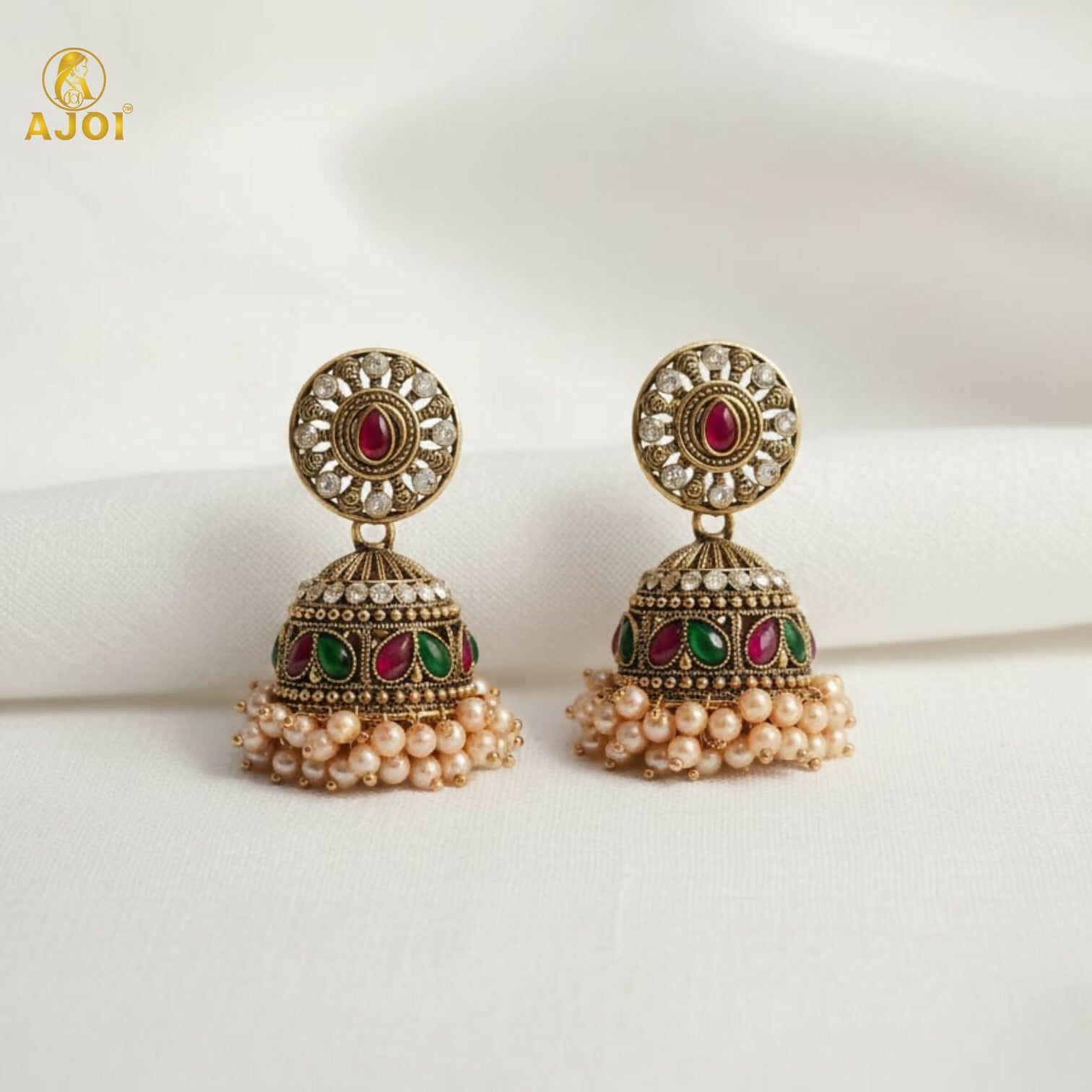 Side view of Royal Pearl Drop Antique Gold Jhumka Earrings